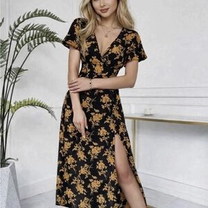 SHEIN Black Midi Wrap Dress with Mustard Floral Print